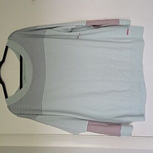 Peace Love World Light Blue-Green Striped Sleeve Sweater